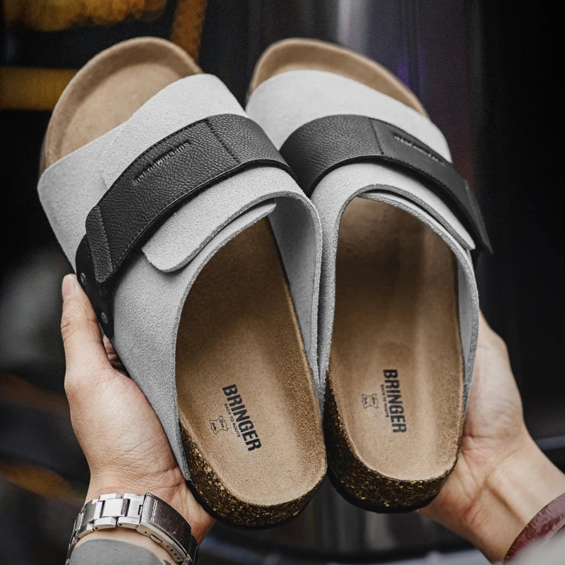 Cork Sole Slide-On with Hook and Loop Closure Breathable Men's Sandals