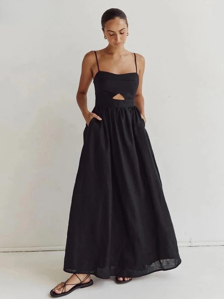 Elegant Cotton Hollow Out Sleeveless Strap Maxi Dress