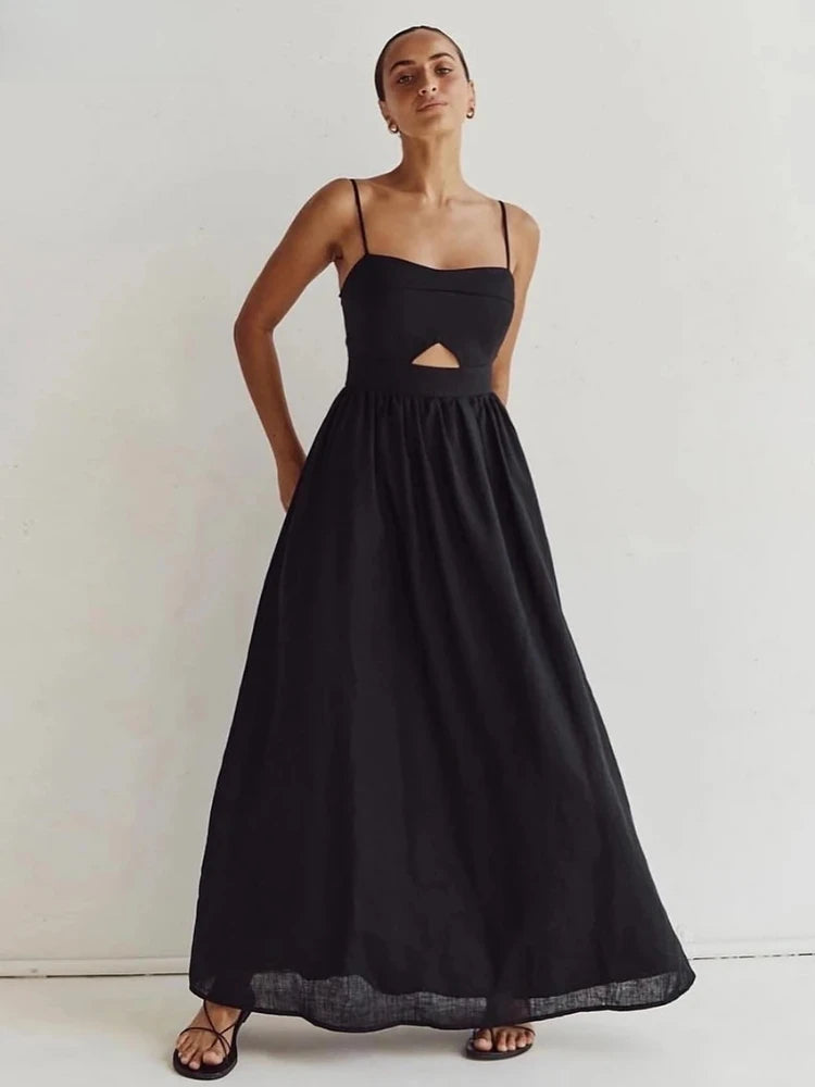 Elegant Cotton Hollow Out Sleeveless Strap Maxi Dress